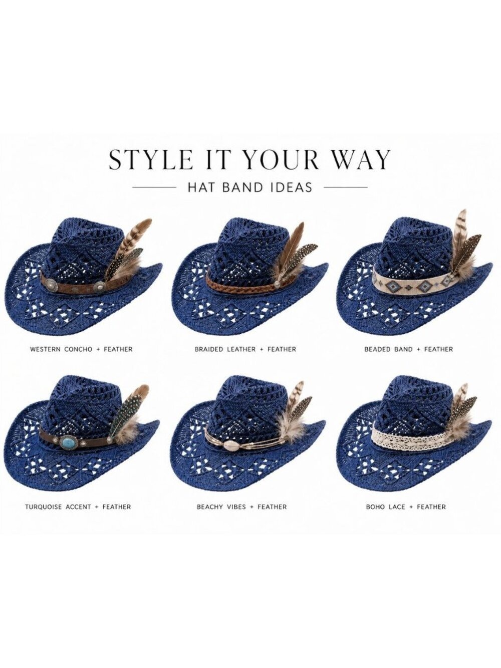 Blue Straw Cowboy Hat Rolled Brim One Size Western Cowgirl Beach - Picture 9 of 9